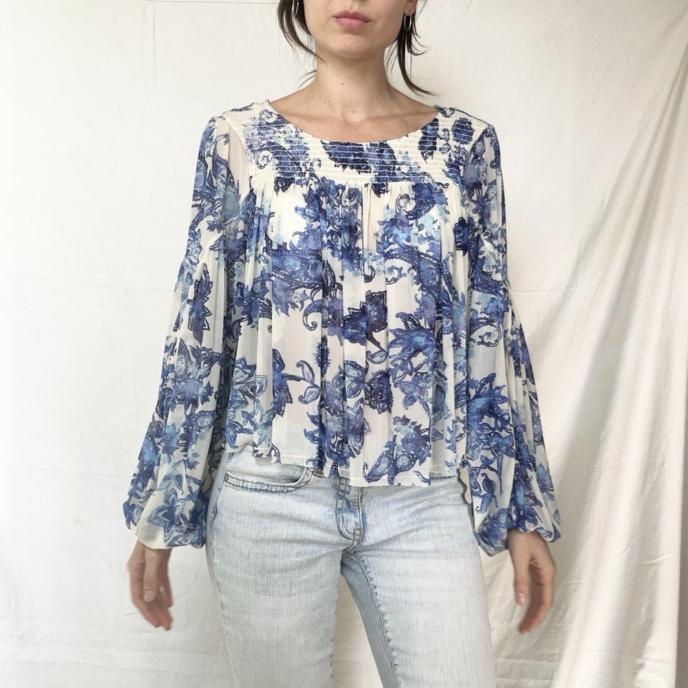 Free People Blue Floral Chiffon Peasant Top Whimsy Fairy Boho Cottagecore